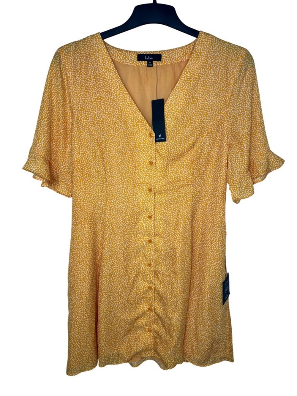 Lulus Castana Mustard Yellow Button-Up Dress With Ruffle Sleeves & Tie Back XL - Picture 8 of 16
